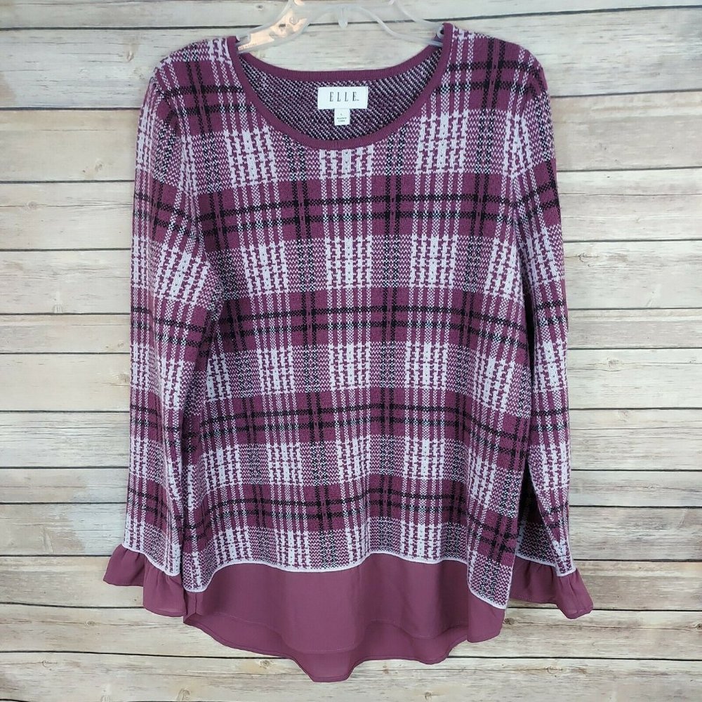 ELLE Large Purple White Plaid Sweater